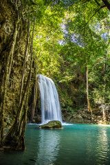 Fototapeta na wymiar Erawan waterfall views in Kanchanaburi in Thailand