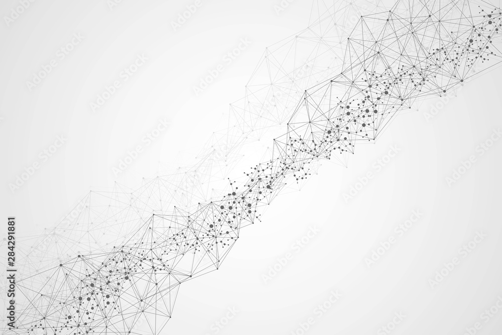 Fototapete geometric abstract background with connected line and dots. structure molecule and communication. bi