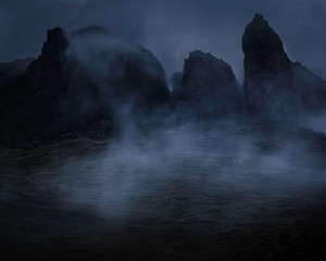 Beautiful landscape of Scotland ,UK.Old Man of Storr surrounded by clouds.