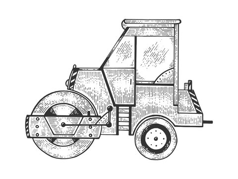 Road roller tractor machine sketch engraving vector illustration. Scratch board style imitation. Black and white hand drawn image.