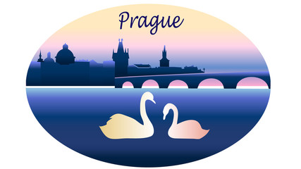 Obraz premium Drawn city of Prague, Czech Republic. The bridge over the Vltava river. Swans in the water.