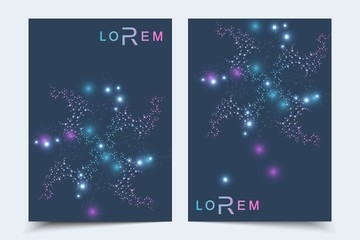 Scientific brochure design template. Vector flyer layout, Molecular structure with connected lines and dots. Scientific pattern atom DNA with elements for magazine, leaflet, cover, poster design.