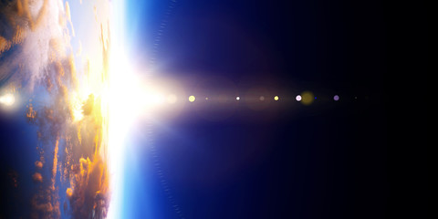 Earth with sunrise on blue space background