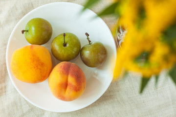 Still life with fresh peaches and plums on linen cloth background on wooden table. Bright juicy summer fruits, flatlay.