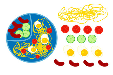 Food designer for a set of dishes. Vector insulated elements. The set includes pasta, tomato, cucumber, egg, sausages and a plate. A food construction kit for menu.
