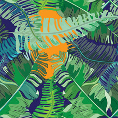 Fototapeta na wymiar Banana leaves seamless pattern. Vector illustration of banana leaves with sun light on dark blue background.