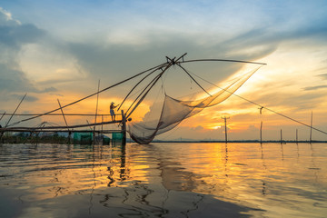 Mekong Delta landscape with big fishing net in floating water season in Chau Doc, An Giang...