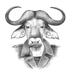 Rolgordijnen Hand drawn dressed up anthropomorphic buffalo © Marina Gorskaya