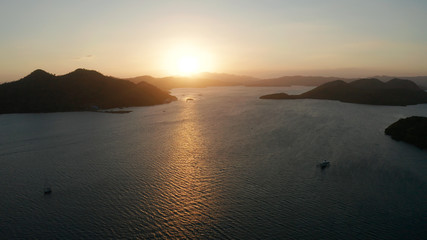 aerial view sunset over the sea with islands. Philippine Islands in the evening. Busuanga, Palawan, Philippines