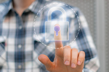 hand push the lock virtual button, 3d interface, data protection