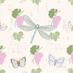 grungy grape seamless pattern with dragonflies - 284295871