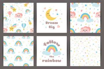 Cute kids backgroung set in cartoon style Dream big Rainbos smiling clouds stars pattern Cards quote vector