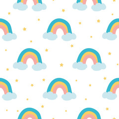 Cute rainbows seamless pattern make from colorful rainbow clouds stars Kids baby background Vector