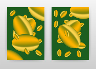 3D Yellow coffe beans on green background design for annual report, brochure, flyer, leaflet, poster. Coffe beans falling on green background. Abstract A4 brochure template. Vector illustration.
