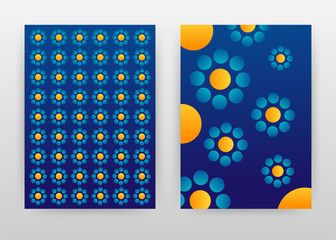 Orange blue flower round shapes on blue design for annual report, brochure, flyer, leaflet, poster. Geometric round seamless like flower petal background. Abstract A4 brochure template.