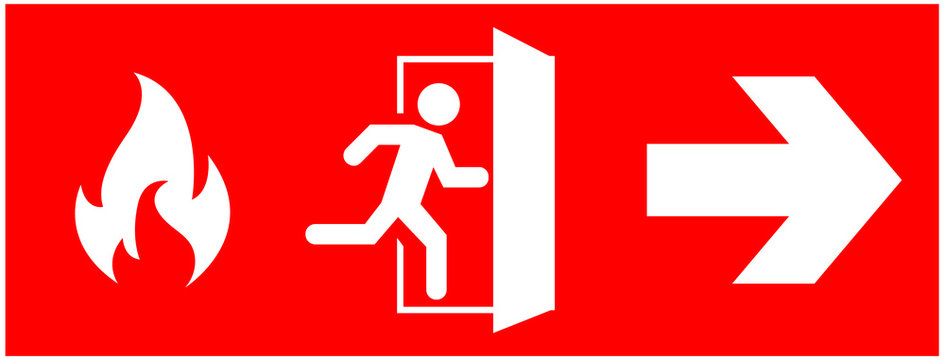 Emergency Fire Exit Sign. Running Man Icon To Door. Red Color. Arrow Vector. Warning Sign Plate