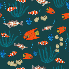 Seamless pattern of bright tropical fish on a dark background