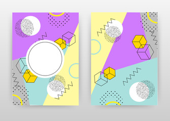 Geometric purple yellow blue design for annual report, brochure, flyer, leaflet, poster. Rounds, cubes, zig zag and dotted background. Abstract A4 brochure template. Flyer vector illustration.