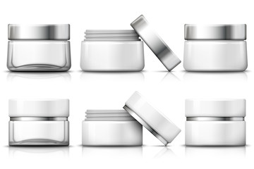 Vector set of 3d realistic jar for moisturizing cream. Transparent glass, plastic white, open jar. Mock-up for product package branding. On white background.
