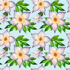 Watercolor delicate flowers seamless pattern on blue background.