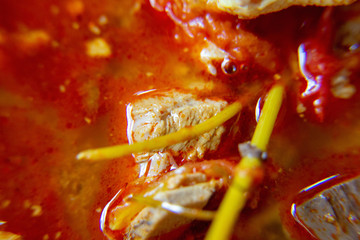 Macro, Red Spicy pork sauce with chicken blood cube. The local food of northern's Thailand, call "Khanom Jeen Nam Ngeaw".