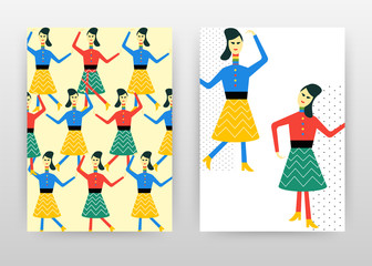 National colorful dressed woman and girls design for annual report, brochure, flyer, poster. Womens dancing background vector illustration for leaflet, poster. Business abstract A4 brochure template.