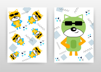 Minimalist green and orange, yellow cat with black sunglasses design for annual report, brochure, flyer, poster. Cats background vector illustration leaflet, poster. Business A4 brochure template.