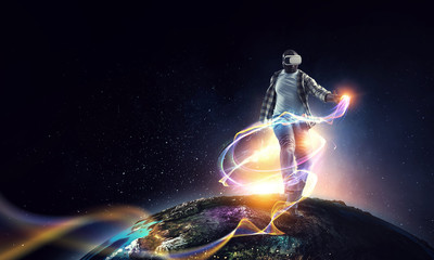 Guy experiencing virtual reality. Mixed media