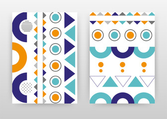 Geometric national ornament with blue triangles, orange rounds design for annual report, brochure, poster. Ornament background vector illustration for leaflet, poster. Abstract A4 brochure template.