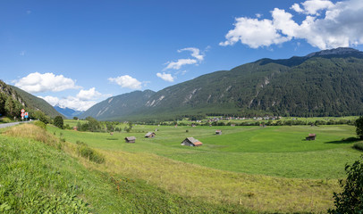 Fototapeta na wymiar tyrolean landscape with fresh grass and bright meadows at Tarrenz, Austria