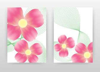 Red flowers 4 petals and green wave lines design for annual report, brochure, flyer, poster. Red floral background vector illustration flyer, leaflet, poster. Business abstract A4 brochure template.