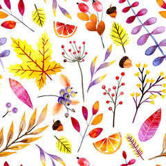 Hand drawn vector seamless pattern. Watercolor forest leaves and berries. Autumn abstract botanical branches. Guelder, maple, orange, dog rose. Season greetings, wedding card, sale banner.