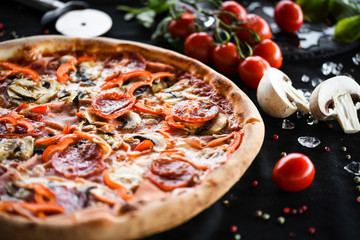 tasty italian capricciosa pizza with fresh ingredients