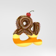 Ampersand symbol. Cake font with chocolate, sprinkles and cherry on top isolated on white background.