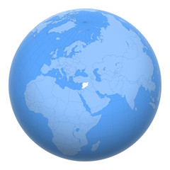 Syria on the globe. Earth centered at the location of the Syrian Arab Republic. Map of Syria. Includes layer with capital cities.