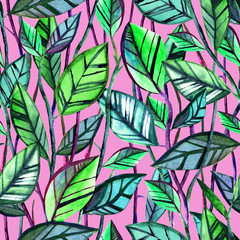 Fototapeta premium Seamless pink pattern with green leaves. Watercolor.