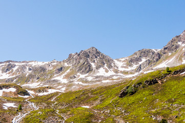 Fototapeta na wymiar Flüela, Flüelatal, Flüelapass, Passstrasse, Alpen, Bergtal, Schneeschmelze, Engadin, Graubünden, Sommer, Schweiz