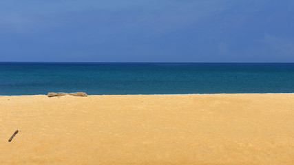 Fototapeta na wymiar Beautiful tropical beach on blue sky background, happy holiday concept and relaxation idea