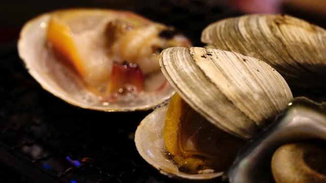 4K Close up shot of grilled hard clam shellfish on charcoal grill stove. Grilled seafood in japanese seafood restaurant.