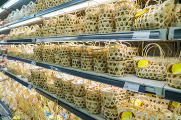Packaging of chicken eggs on supermarket shelves. Asian food