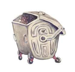 Watercolor metal common house trash bin. On the theme of environmental pollution; environmental issues; climate change on the planet.