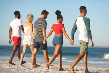 Obraz premium Group of friends walking together hand in hand on the beach