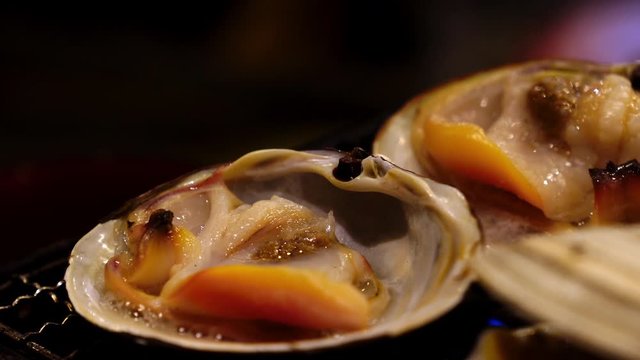 4K Close up shot of grilled hard clam shellfish on charcoal grill stove. Grilled seafood in japanese seafood restaurant.