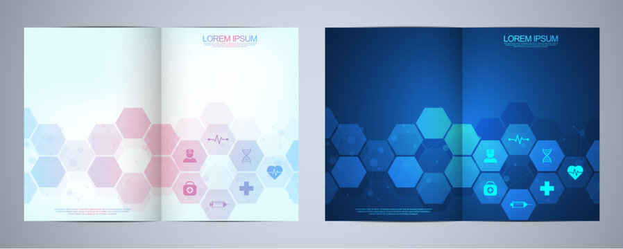 Template brochure or cover book, page layout, flyer design. Concept and idea for health care business, innovation medicine, pharmacy, technology. Medical background with flat icons and symbols.