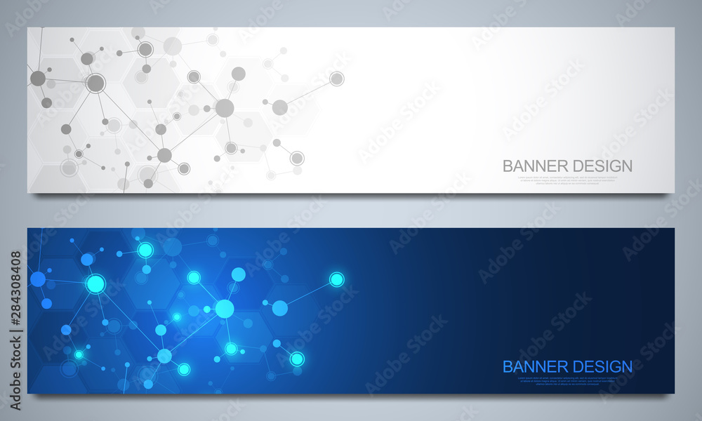 Poster banners design template with molecular structures and neural network. abstract molecules and genetic