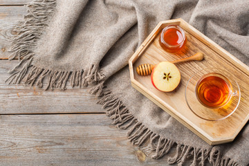 Autumn, fall, winter hygge home decor composition, coziness concept