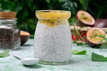Dairy dessert with chia seeds and passion fruit
