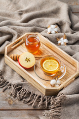 Autumn, fall, winter hygge home decor composition, coziness concept