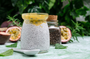 Dairy dessert with chia seeds and passion fruit