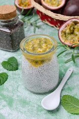Dairy dessert with chia seeds and passion fruit